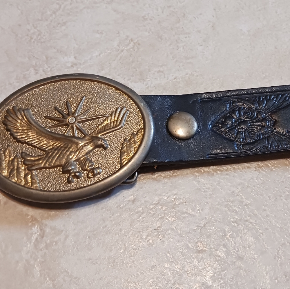 Free Mason Masonic Black Leather Tooled Belt Eagle Buckle 43"